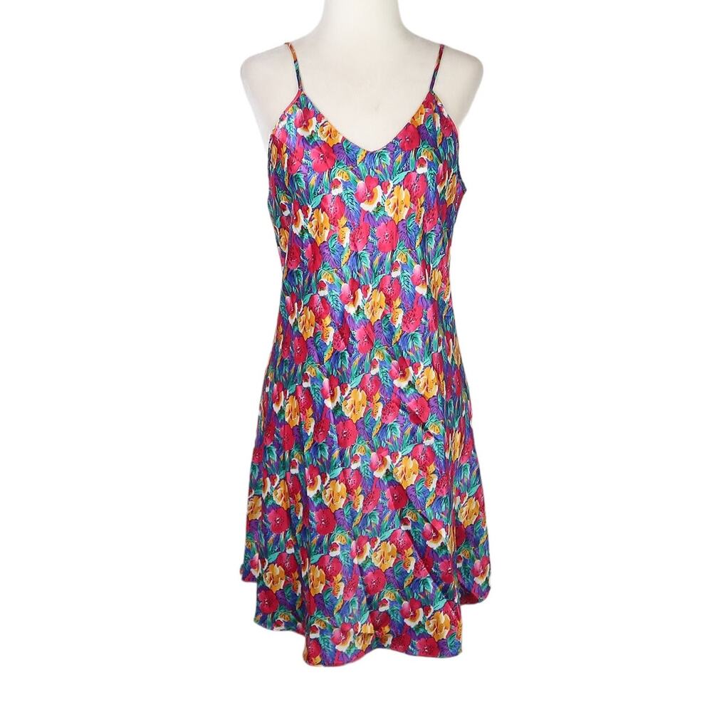 Vintage 90s pink multicolor floral print satin mini slip dress M - Picture 1 of 5